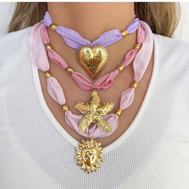 Stainless steel heart starfish moon pendant silk scarf chain necklace for women