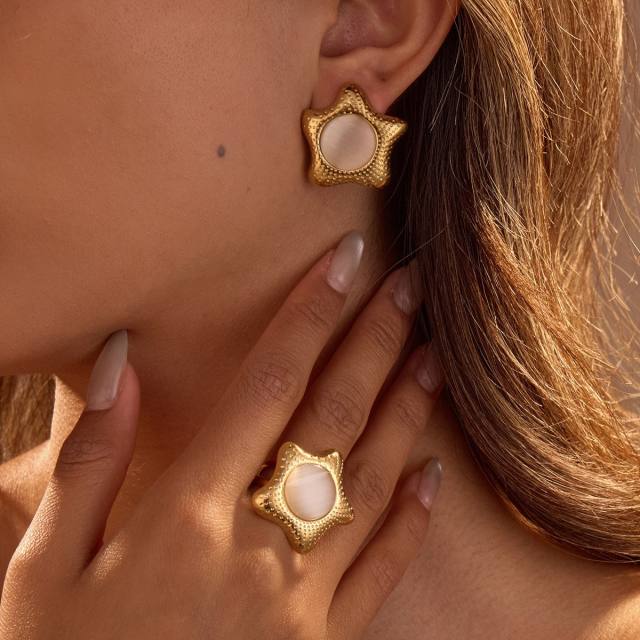 Concise opal stone inlaid flower heart stainless steel earrings rings set