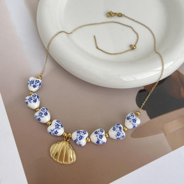 Blue White Porcelain Beaded Necklace stainless steel sun starfish pendant necklace