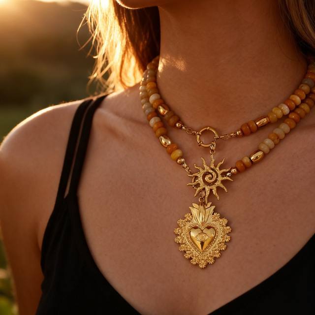 French Ethnic Style Colorful Natural Stone Pendant Necklace for Women Bohemian Crystal Beaded Necklace Choker Necklace