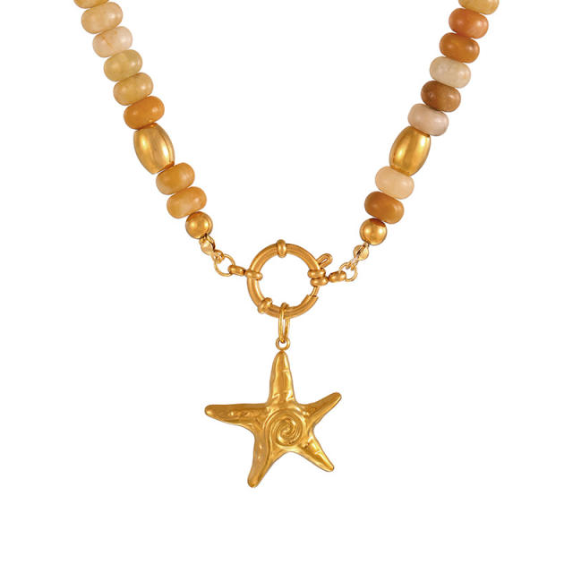 French Ethnic Style Colorful Natural Stone Pendant Necklace for Women Bohemian Crystal Beaded Necklace Choker Necklace