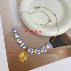 Blue White Porcelain Beaded Necklace stainless steel sun starfish pendant necklace