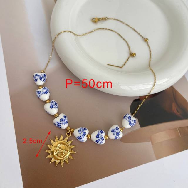 Blue White Porcelain Beaded Necklace stainless steel sun starfish pendant necklace