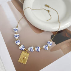 Blue White Porcelain Beaded Necklace stainless steel sun starfish pendant necklace