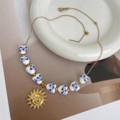 Blue White Porcelain Beaded Necklace stainless steel sun starfish pendant necklace