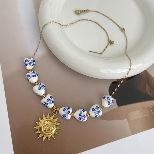 Blue White Porcelain Beaded Necklace stainless steel sun starfish pendant necklace