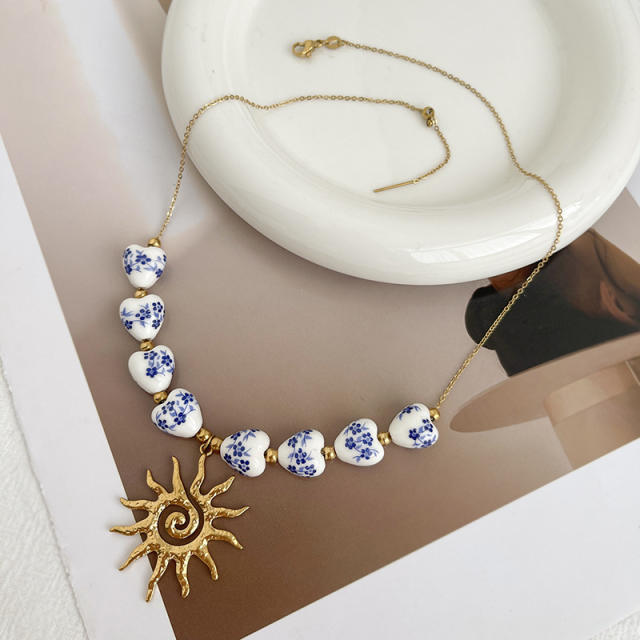 Blue White Porcelain Beaded Necklace stainless steel sun starfish pendant necklace