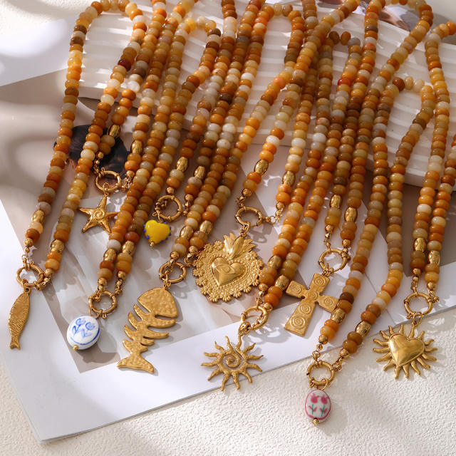 French Ethnic Style Colorful Natural Stone Pendant Necklace for Women Bohemian Crystal Beaded Necklace Choker Necklace