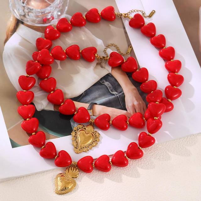 Valentine's Day red resin heart bead necklace with stainless steel heart pendant