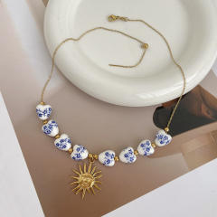 Blue White Porcelain Beaded Necklace stainless steel sun starfish pendant necklace