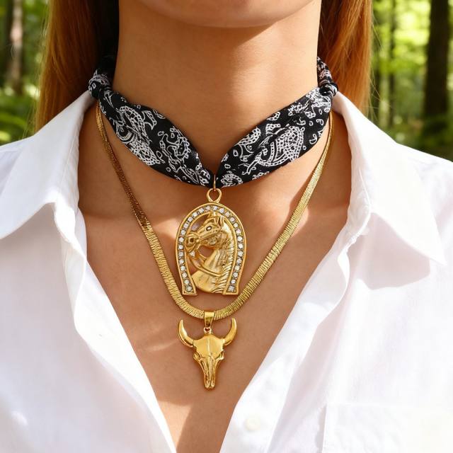 Punk trend horse head western cowboy stainless steel necklace