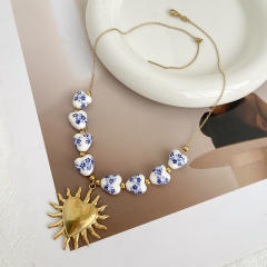 Blue White Porcelain Beaded Necklace stainless steel sun starfish pendant necklace