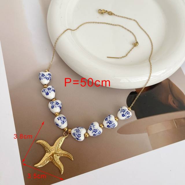Blue White Porcelain Beaded Necklace stainless steel sun starfish pendant necklace