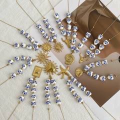 Blue White Porcelain Beaded Necklace stainless steel sun starfish pendant necklace