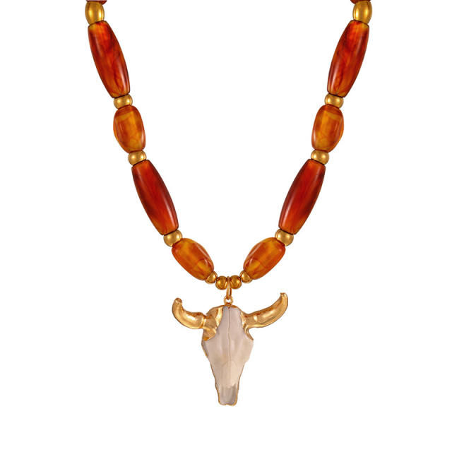 Winter Simple Bull Head Pendant Resin stainless Steel Beaded Necklace
