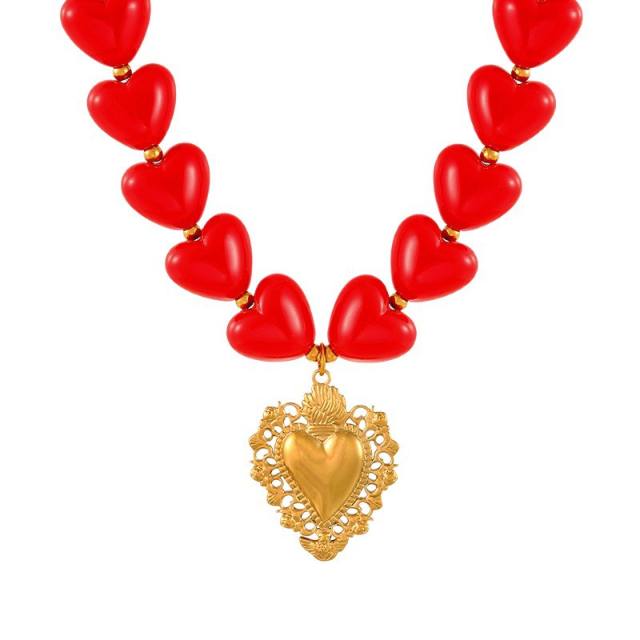 Red acrylic heart chain stainless steel heart pendant choker necklace