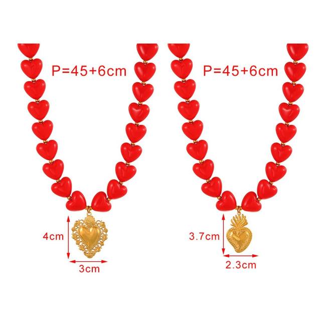Valentine's Day red resin heart bead necklace with stainless steel heart pendant