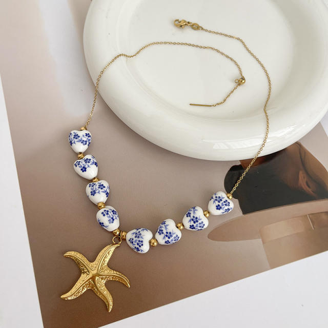 Blue White Porcelain Beaded Necklace stainless steel sun starfish pendant necklace