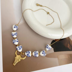 Blue White Porcelain Beaded Necklace stainless steel sun starfish pendant necklace