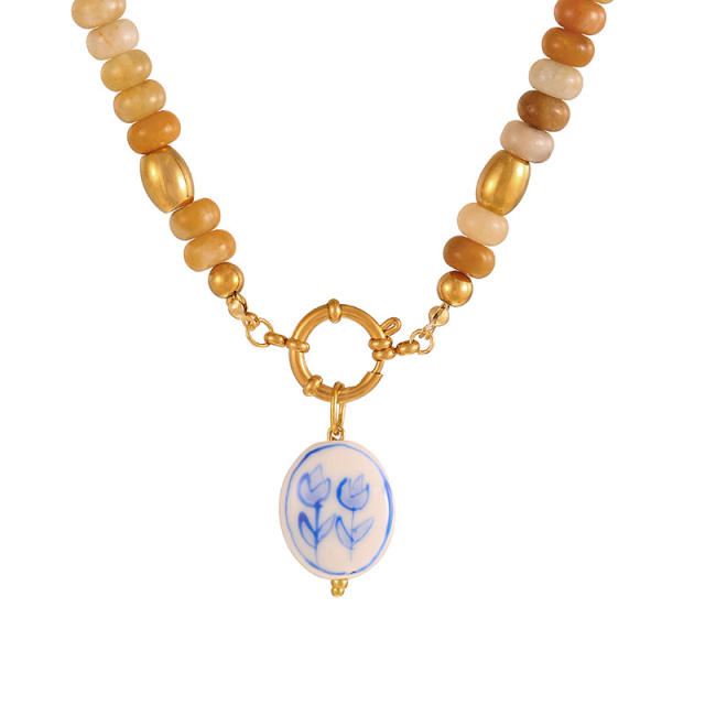 French Ethnic Style Colorful Natural Stone Pendant Necklace for Women Bohemian Crystal Beaded Necklace Choker Necklace