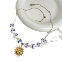 Blue White Porcelain Beaded Necklace stainless steel sun starfish pendant necklace