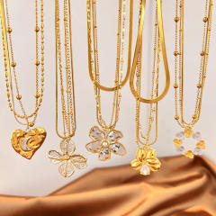 Mix color big flower pendant layer chain stainless steel necklace
