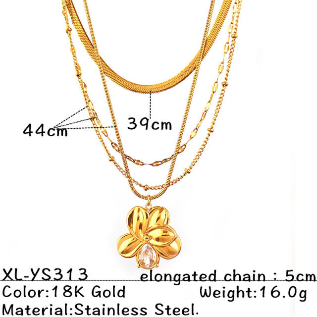 Mix color big flower pendant layer chain stainless steel necklace