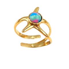 Colorful natural stone inlaid geometric stainless steel rings