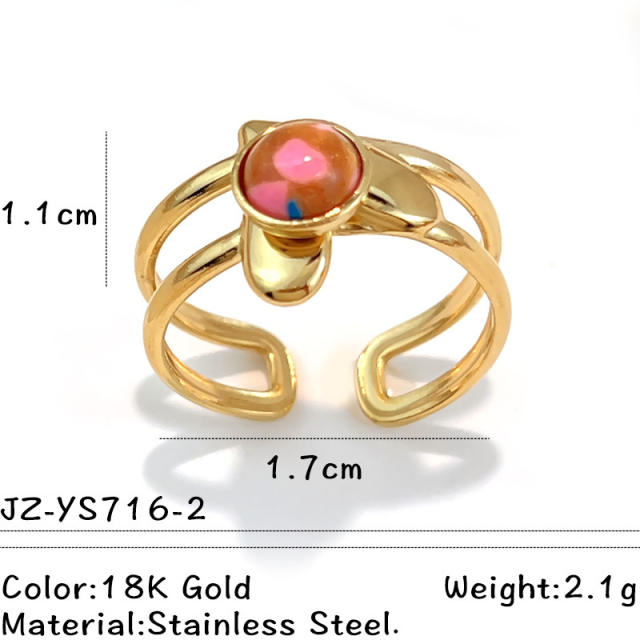 Colorful natural stone inlaid geometric stainless steel rings