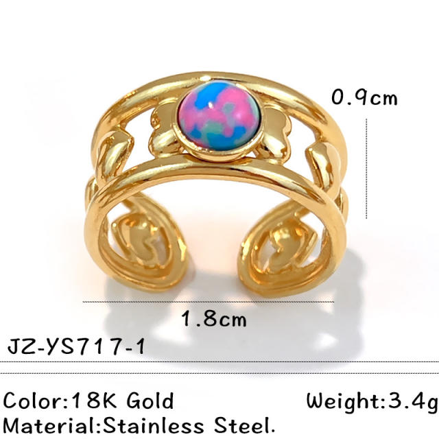 Colorful natural stone inlaid geometric stainless steel rings