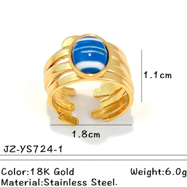 Blue white natural stone inlaid geometric stainless steel rings