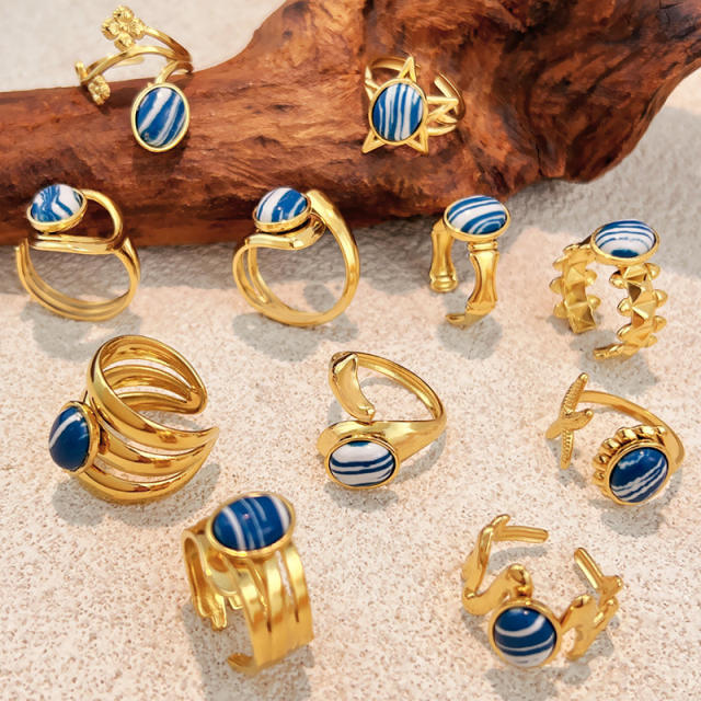 Blue white natural stone inlaid geometric stainless steel rings