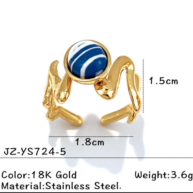 Blue white natural stone inlaid geometric stainless steel rings