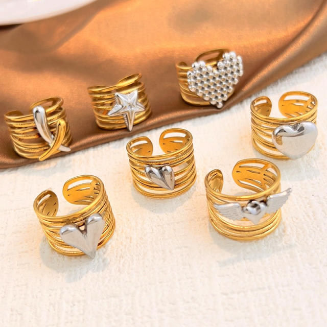 18KG geometric design mix color star heart stainless steel rings