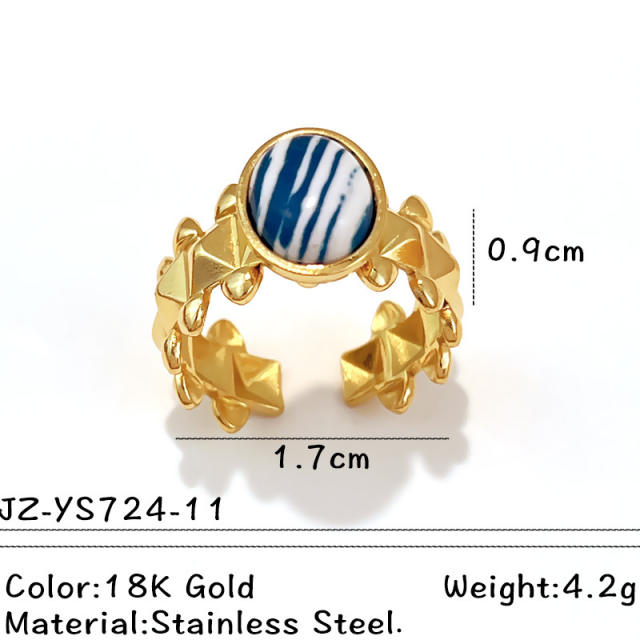 Blue white natural stone inlaid geometric stainless steel rings