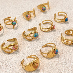Colorful natural stone inlaid geometric stainless steel rings