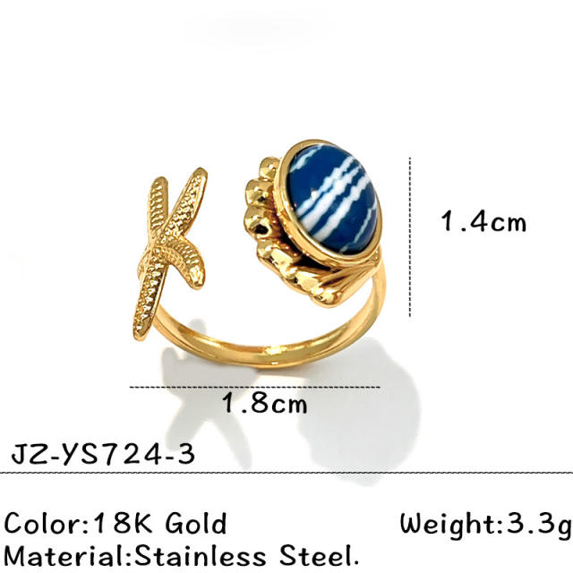 Blue white natural stone inlaid geometric stainless steel rings