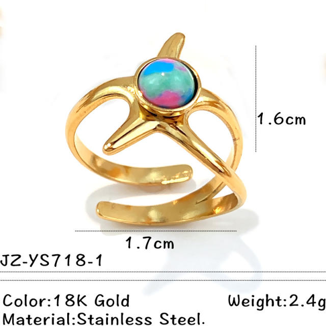 Colorful natural stone inlaid geometric stainless steel rings