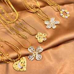 Mix color big flower pendant layer chain stainless steel necklace