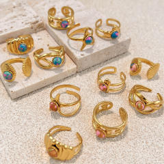 Colorful natural stone inlaid geometric stainless steel rings