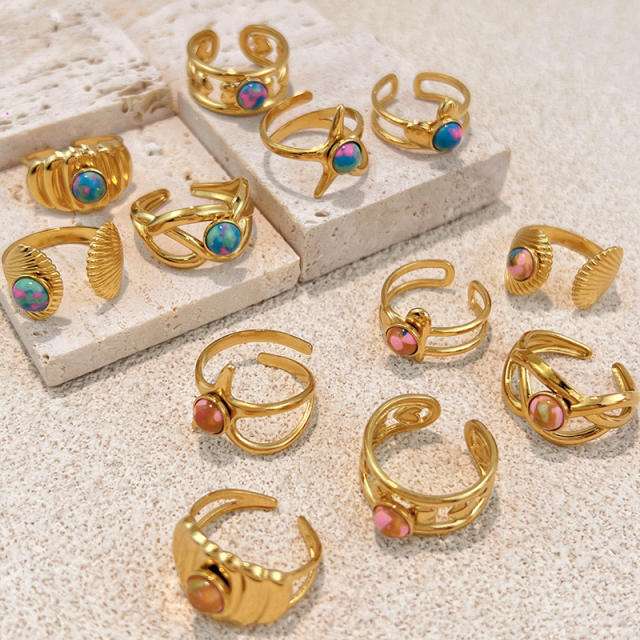 Colorful natural stone inlaid geometric stainless steel rings