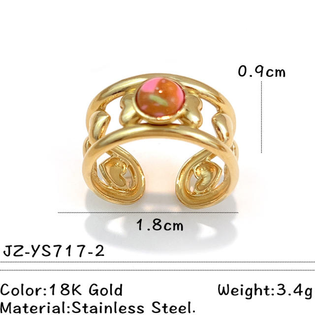 Colorful natural stone inlaid geometric stainless steel rings