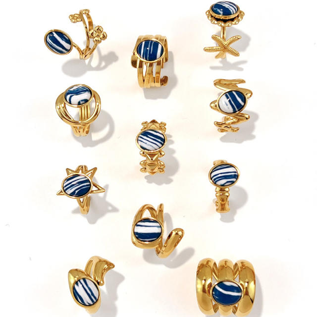 Blue white natural stone inlaid geometric stainless steel rings