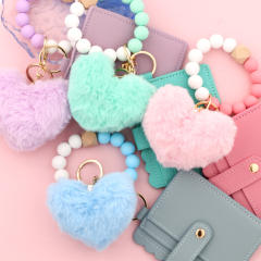 Silicone Bracelet Love Hair Ball Pendant Leather Card Silicone Bead Bracelet Keychain