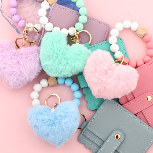 Silicone Bracelet Love Hair Ball Pendant Leather Card Silicone Bead Bracelet Keychain