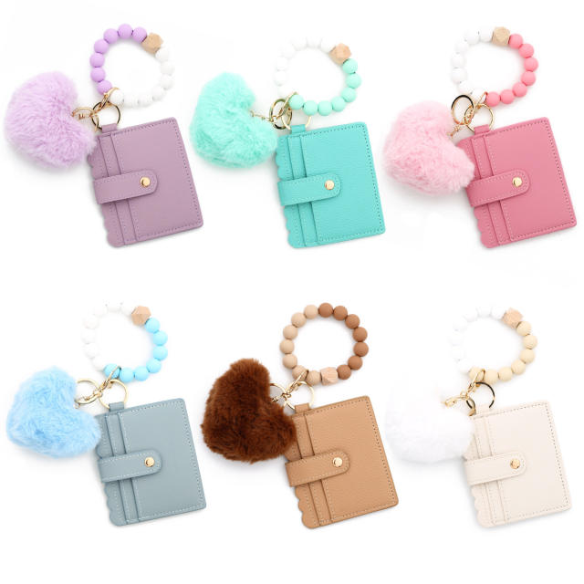 Silicone Bracelet Love Hair Ball Pendant Leather Card Silicone Bead Bracelet Keychain