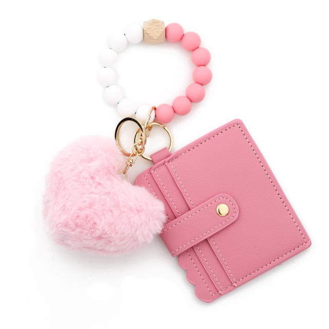Silicone Bracelet Love Hair Ball Pendant Leather Card Silicone Bead Bracelet Keychain