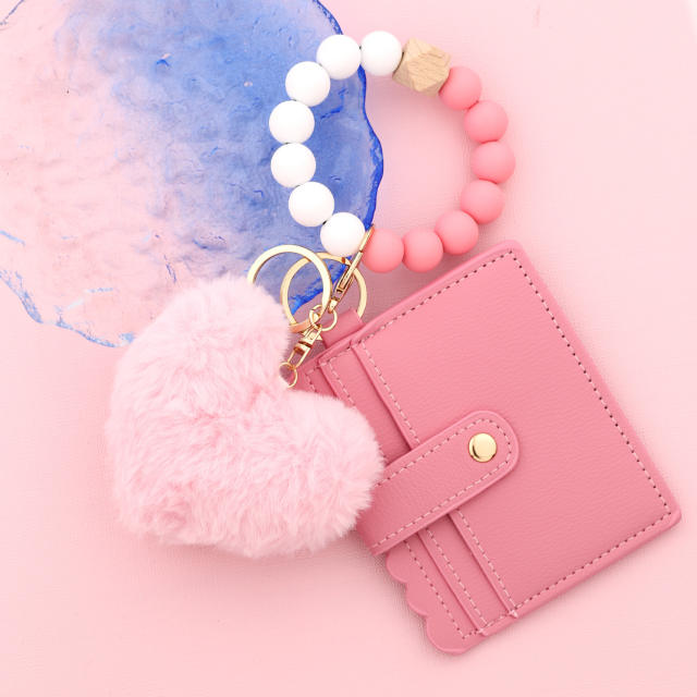 Silicone Bracelet Love Hair Ball Pendant Leather Card Silicone Bead Bracelet Keychain