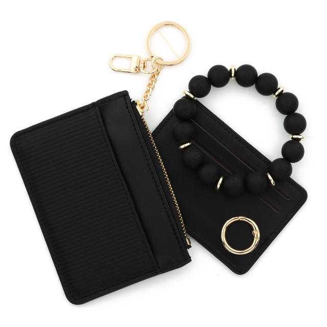 INS Pink Small Wallet Card Case Bank Card Set Silicone Bead Bracelet Leather Women's Wallet