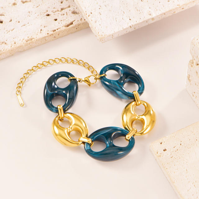Personalize 18K Gold Bracelet Colorful Resin pig nose Necklace stainless steel necklace bracelet earrings set